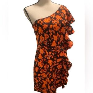 Chelsea Women’s One Shoulder Fitted Midi Dress orange black ruffles new size M